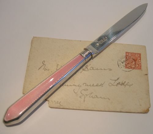 Antique English Sterling Silver & Pink Guilloche Enamel Letter Opener