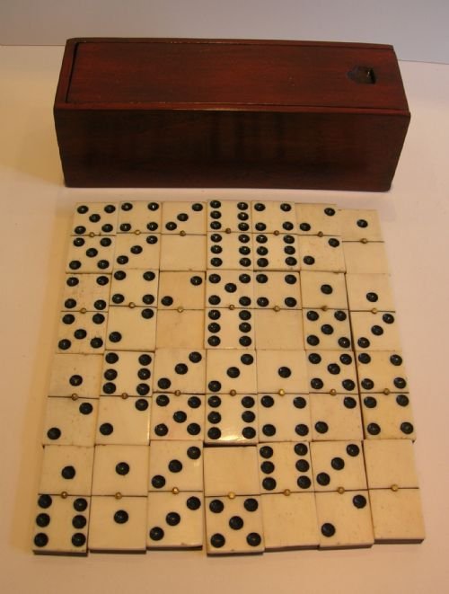 Antique English Boxed Set Bone & Ebony Wood Dominoes C.1890