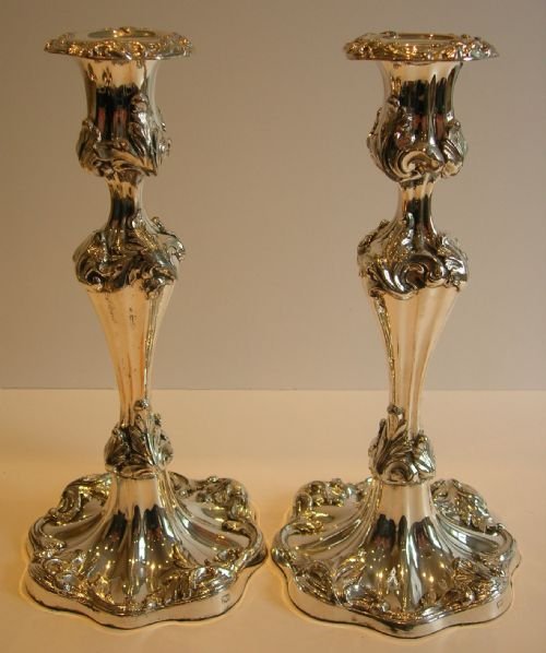 Large Pair Antique Candlesticks in Silver Plate - English C.1850