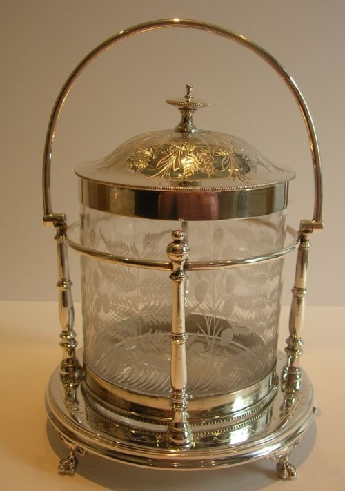 Antique English Biscuit Barrel - Cut Crystal & Silver Plate C.1890 - Ferns