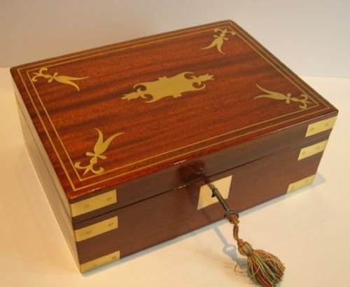 Stunning Antique English Brass Bound and Cut Brass Inlaid Table or Jewelry Box C.1830