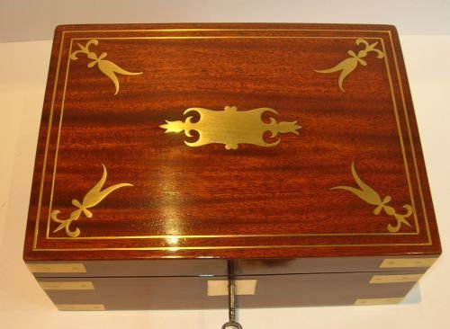 fig 1. Stunning Antique English Brass Bound and Cut Brass Inlaid Table or Jewelry Box c.1830