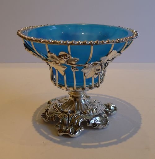 Antique English Elkington & Co. Basket - Blue Opaline Glass Lined - 1853