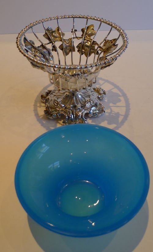 fig 1. Antique English Elkington & Co. Basket - Blue Opaline Glass Lined - 1853