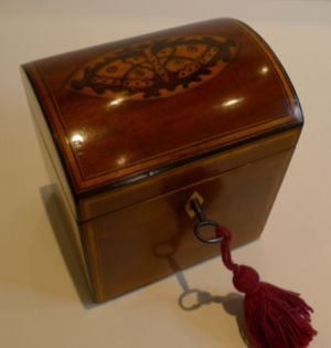 Antique English Domed Mahogany Tea Caddy C.1800 - Moth Inlay