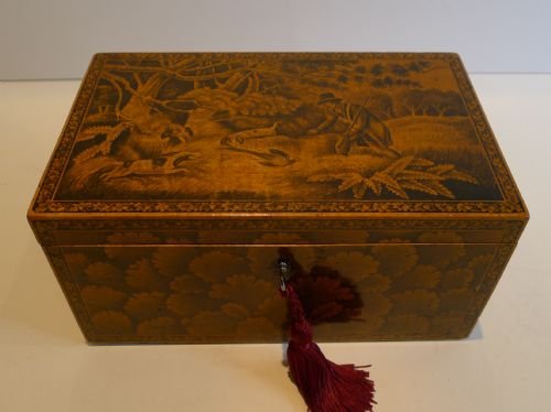 Rare Regency Penwork Tea Caddy with Hunt Scene C.1820