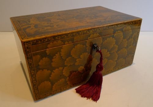 fig 1. Rare Regency Penwork Tea Caddy With Hunt Scene c.1820