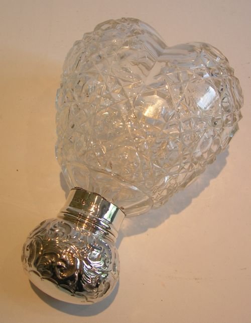 Unusual Antique English Sterling Silver Topped Heart Perfume Bottle - 1908