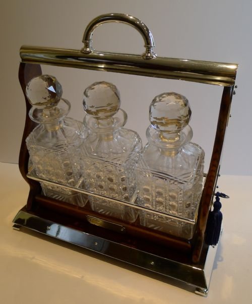 fig 1. Top Notch Antique English Three Bottle Tantalus In Oak & Silver Plate c.1880