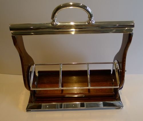 fig 2. Top Notch Antique English Three Bottle Tantalus In Oak & Silver Plate c.1880