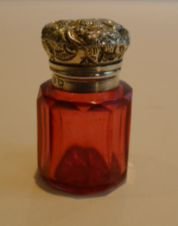 Tiny Antique Cranberry Glass & Sterling Silver Perfume Bottle - 1897