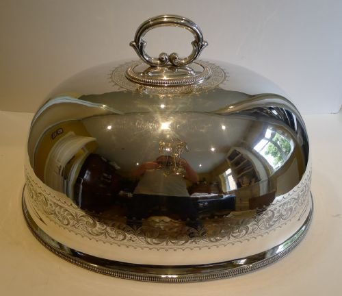 Huge Antique English Engraved Silver Plated Meat Dome / Cover C.1870