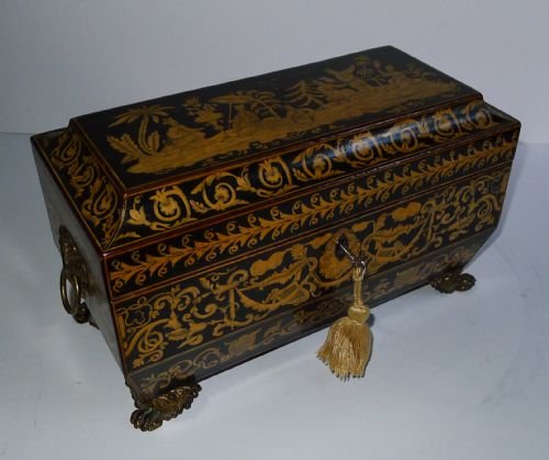 fig 1. Fabulous Antique English Chinoiserie Penwork Double Compartment Tea Caddy c.1820