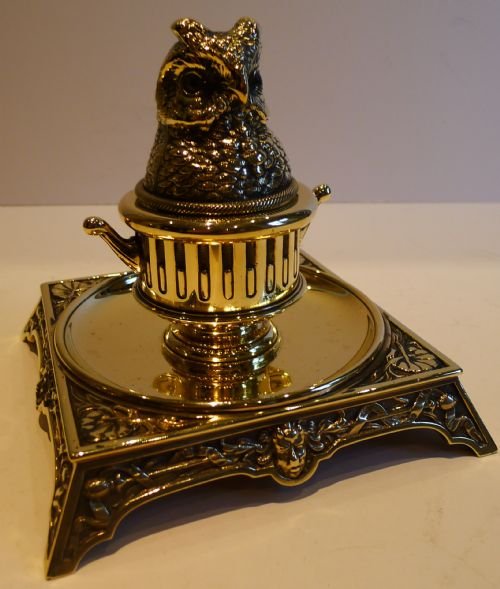 Antique English Figural Brass Inkstand / Inkwell C.1880 - Owl