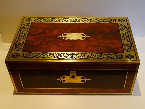 Grandest Antique English Brass & Ebony Inlaid Mahogany Writing Slope C.1840
