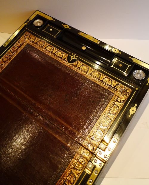 fig 1. Grandest Antique English Brass & Ebony Inlaid Mahogany Writing Slope c.1840