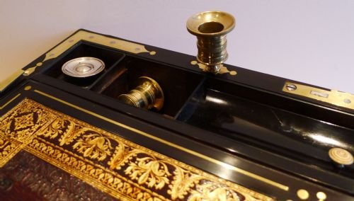 fig 2. Grandest Antique English Brass & Ebony Inlaid Mahogany Writing Slope c.1840