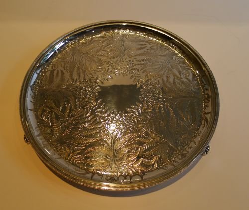 Stunning Antique English Silver Plate Salver / Platter - Ferns - By James Dixon