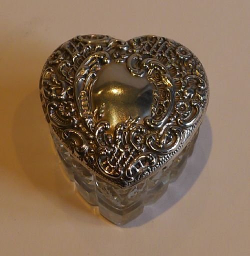 Small Antique English Cut Crystal & Sterling Silver Heart Shaped Box - 1897