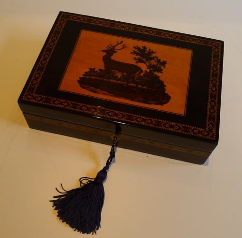 Antique English Tunbridge Ware Box with Stag C.1860