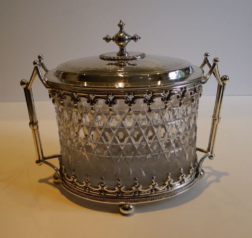 Grand Antique English Cut Crystal and Silver Plated Biscuit Box C.1860