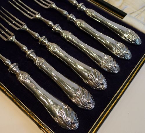 fig 1. Set Six Antique Sterling Silver Handled Desert / Cake / Pastry Forks - 1904