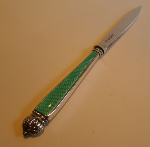 Antique English Sterling Silver & Green Guilloche Enamel Letter Opener