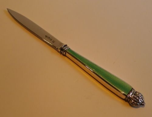 fig 1. Antique English Sterling Silver & Green Guilloche Enamel Letter Opener