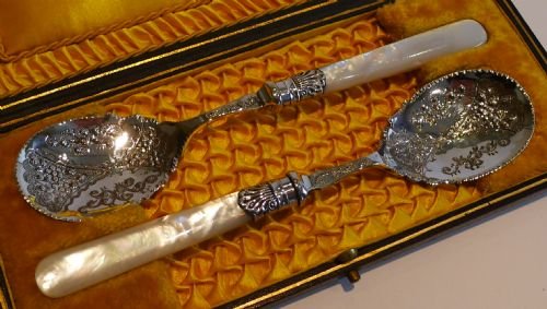 Stunning Pair Silver Plated & Carved Mother of Pearl Preserve Spoons C.1890