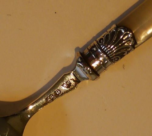 fig 1. Stunning Pair Silver Plated & Carved Mother of Pearl Preserve Spoons c.1890