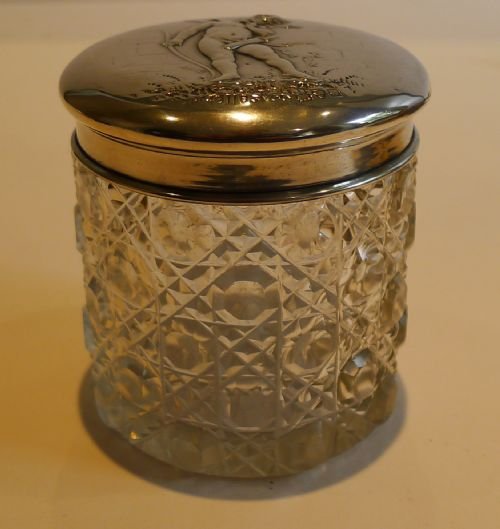 fig 1. Charming Antique English Vanity Jar - Sterling Silver Lid - Cherub - 1905