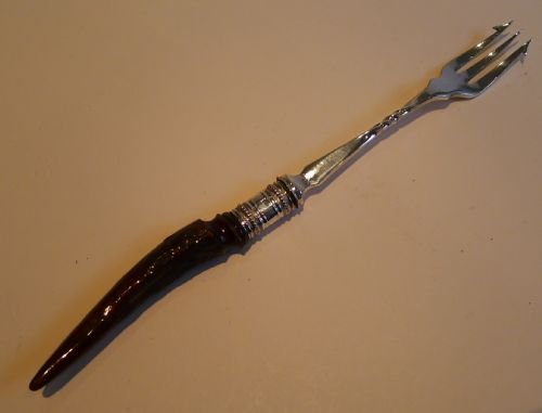 Handsome Antique English Silver Plate & Antler Horn Pickle Fork C.1890