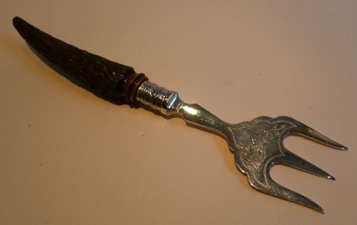 Handsome Antique English Silver Plate & Antler Horn Bread Fork C.1890