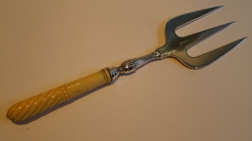 Handsome Silver Plated & Carved Ivory Bread Fork C.1890 - James Dixon & Sons
