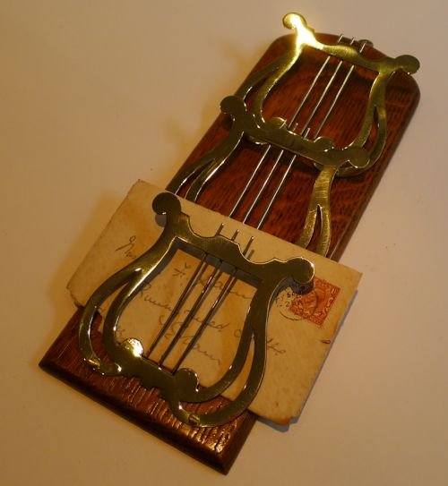 Antique English Oak and Brass Letter Rack / Holder - Lyre Design