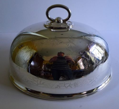 Unusual Floral & Foliate Engraved Meat / Food Dome with Birds by Walker & Hall