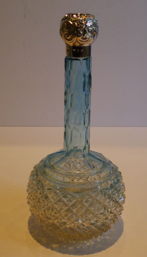 Large Victorian English Blue Glass & Sterling Silver Perfume Bottle - 1896