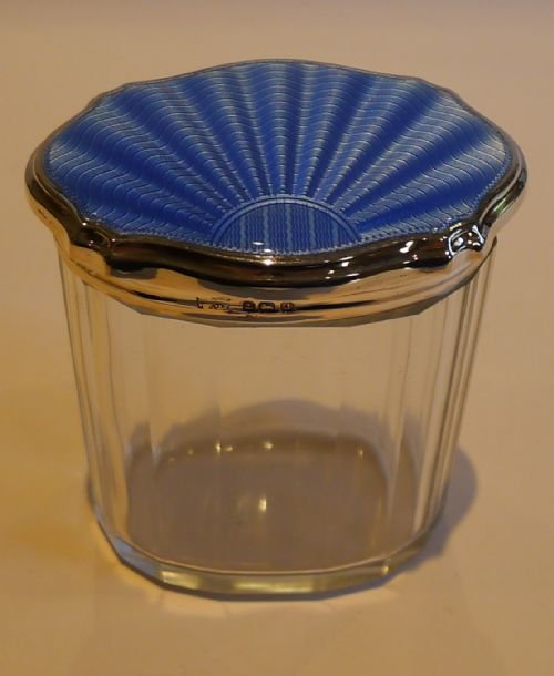 English Sterling Silver & Blue Guilloche Enamel Vanity Jar - 1933