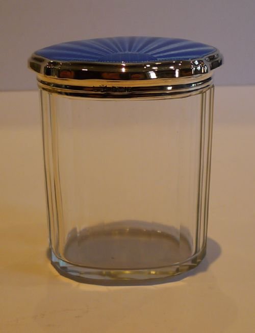 fig 1. English Sterling Silver & Blue Guilloche Enamel Vanity Jar - 1933