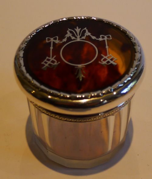 fig 1. English Sterling Silver & Tortoise Shell Lidded Vanity Jar - Pique Inlay