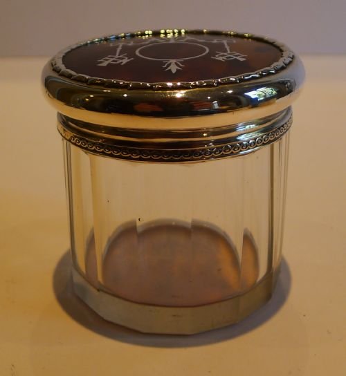 fig 2. English Sterling Silver & Tortoise Shell Lidded Vanity Jar - Pique Inlay