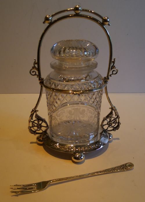 Stunning English Silver Plate & Cut Crystal Pickle Jar by Henry Wilkinson C.1860