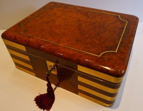 Magnificent & Rare Top Notch Military Style Brass Bound Amboyna Jewelry / Desk Box C.1830
