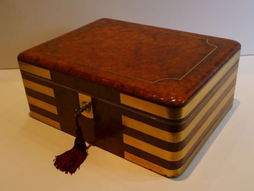 fig 1. Magnificent & Rare Top Notch Military Style Brass Bound Amboyna Jewelry / Desk Box c.1830