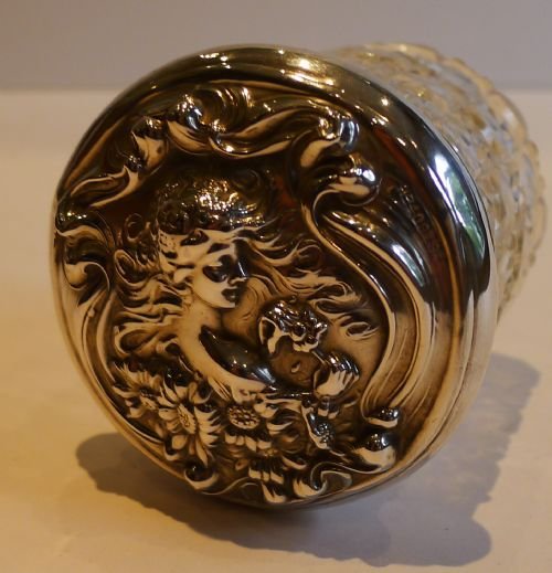 Antique English Sterling Silver Lidded Vanity Jar - Figural - Art Nouveau