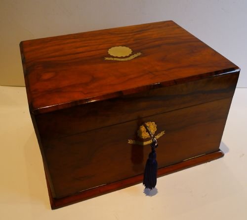 fig 1. Large Antique English Walnut Jewelry Box - Pristine Original Interior - Dated 1891