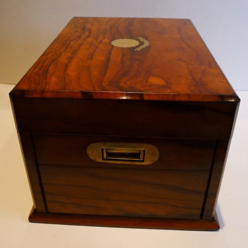 fig 2. Large Antique English Walnut Jewelry Box - Pristine Original Interior - Dated 1891