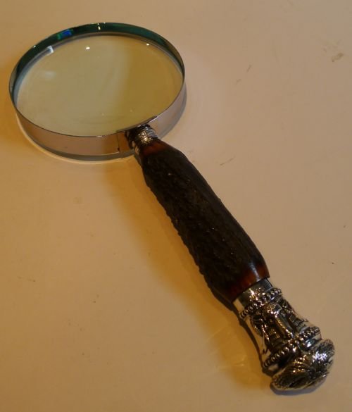 Large Antler Horn Handled Magnifying Glass - English Rams Head Sterling Silver Fittings
