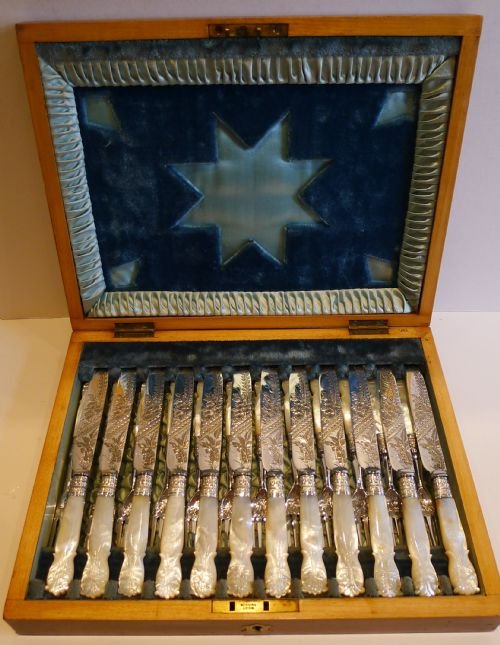 Magnificent Set 12 Fruit Knives & Forks / Mother of Pearl Handles by Robert Fead Mosley