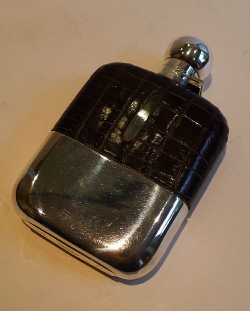 Antique English Crocodile / Alligator Clad Hip Flask by James Dixon & Sons